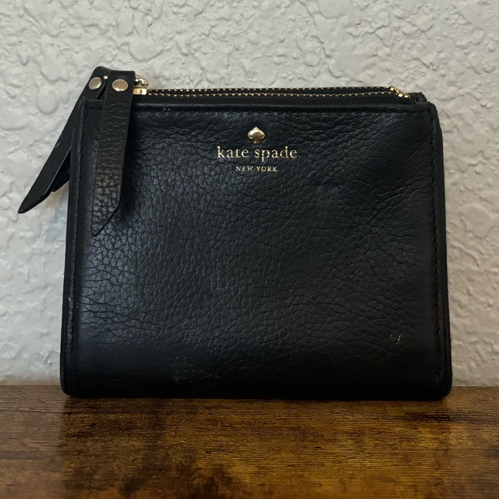 Kate Spade Pebbled Leather Bifold Snap Wallet Small Malea Black Gold